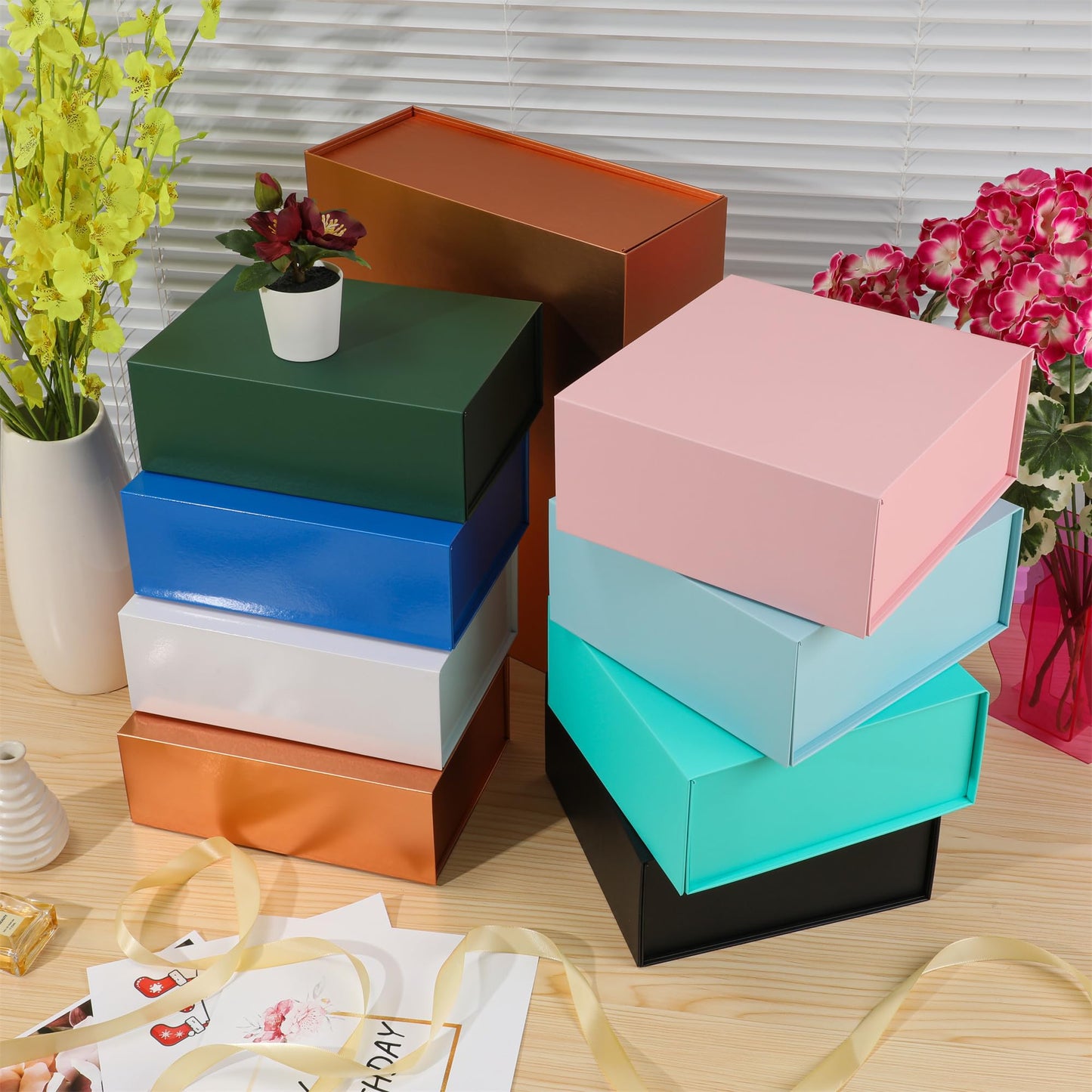 MUMUPACK 4 Pack Black Gift Boxes With Lids,12x8x4.5 Inch Bridesmaid Proposal Box And Printable Stickers,Proposal Boxes With Ribbon For Wedding, Packaging, Present, Birthday