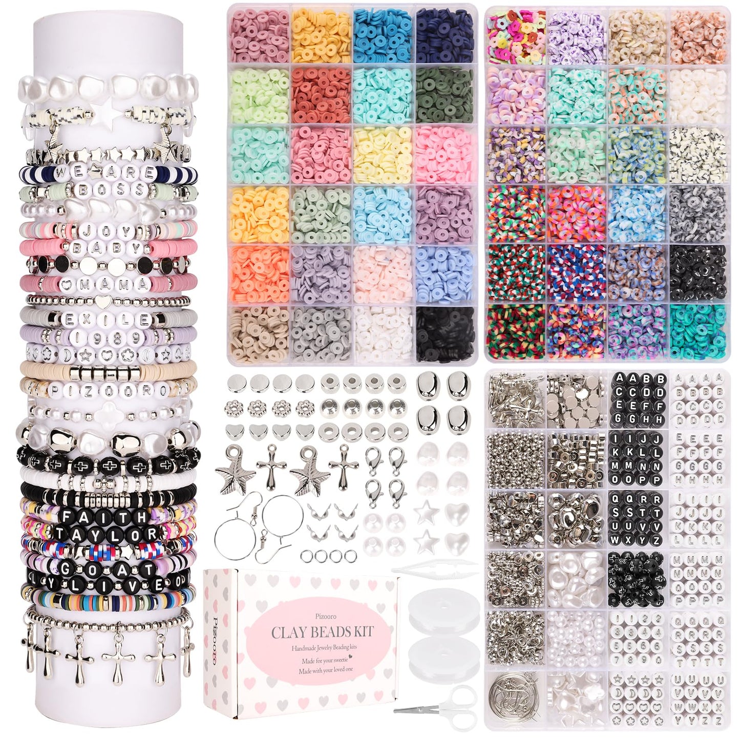 Pizooro Bracelet Making Kit 3 Boxes,Clay Beads for Jewelry Making,Silver Letter Bead with Cross Charm,Silver Earrings and Elastic String,Friendship Bracelet for Women,Birthday Gifts for Women Girls