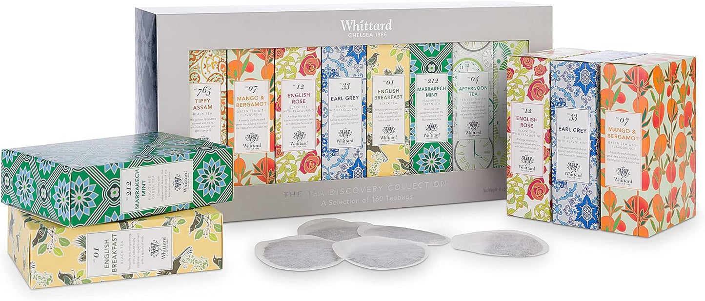 Whittard of Chelsea - The Tea Discovery Collection - (New Flavors) Gift Box Includes 4 Black Teas 3 Green Tea & 1 Oolong Tea (8 Tea Boxes, 160 Teabags, 1 Set)