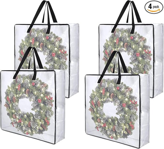 4 Pack Wreath Storage Bag, 26 Inches 90 L Wreath Storage Container, Reinforced Handles & Smooth Zippers, Foldable Large Storage Bags for Christmas/Seasonal Wreaths, Clothing, Bedding, Blankets, Toys