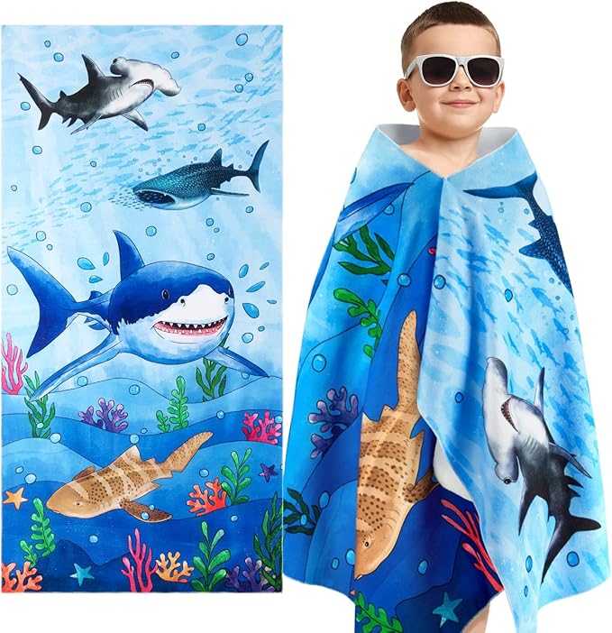 WERNNSAI Shark Kids Beach Towel for Boys - 30” x 60” Quick Dry Sand-Free Swim Towels for Boys Super Soft Absorbent Towel, Pool Camping Travel Bath Towel for Outdoor Sports Picnic
