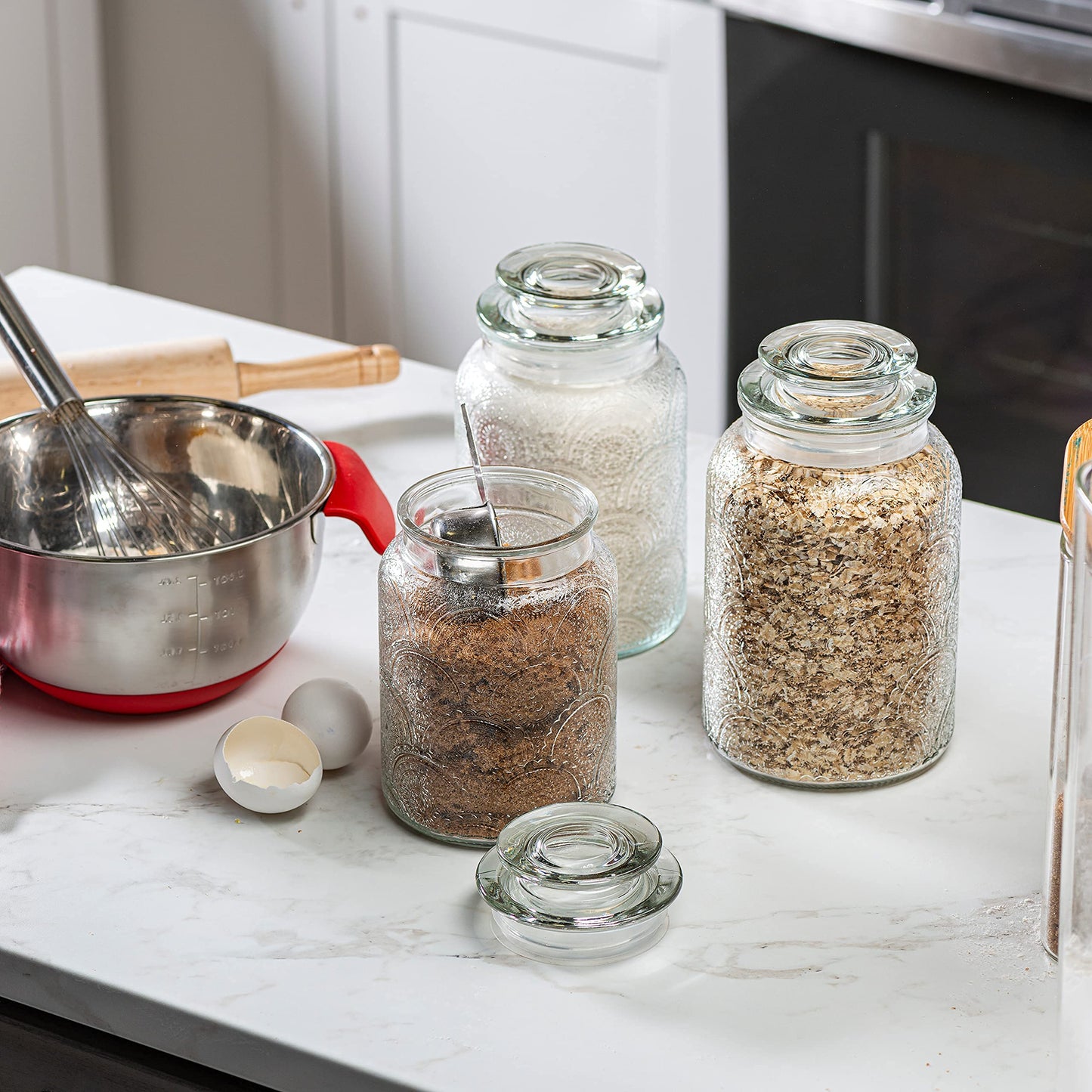 Le'raze Food Storage Containers with Airtight Lids - Retro Design - Pantry Organization, Glass Canisters Storage for Cookies, Tea, Sugar, Candy Jars, Sugar Packet, Set of 3