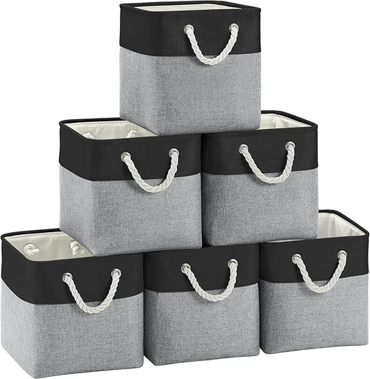 Fabric Cubes Storage Basket, 6 Pack 11x11 in with Handles Cube Storage Bins, for Shelves, Home, Office Organizers (Black/ Gray)