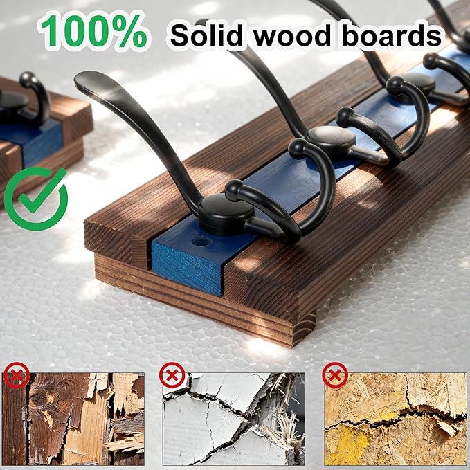 SKOLOO Rustic Wall Mounted Coat Rack - 16-7/8" Long Coat Hooks for Wall with 5 Triple Hooks for Hanging Coats, Hats or Tools, Western National Parks Collection, Wood Brown & Blue, Pack of 2