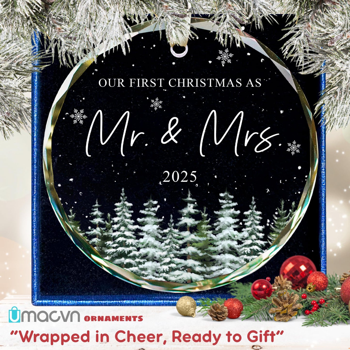UMACVN Wedding Gifts - Mr and Mrs Gifts - First Christmas Married Ornament 2025 - Wedding Gift for Couples 2025, Newlyweds, Bride - Bridal Shower Gift Ideas - Glass Christmas Hanging Ornament