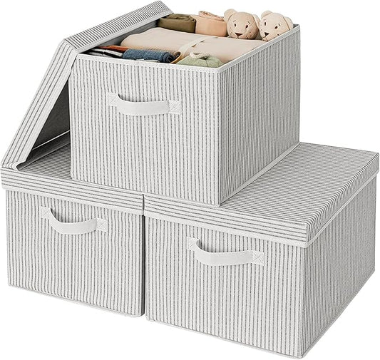 GRANNY SAYS Fabric Boxes with Lids, Closet Organizers and Storage Baskets, Jumbo Storage Containers for Towels and Clothes, Decorative White/Black, 3-Pack