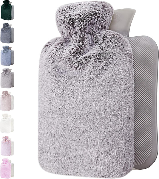 Hot Water Bottle - with Soft Premium Fleece Cover - Light Gray, 2L - Heating Pad for Menstrual Cramps and Period Comfort - Bed Foot Warmer - Hot & Cold Compress for Back, Stomach, Neck Pain Relief