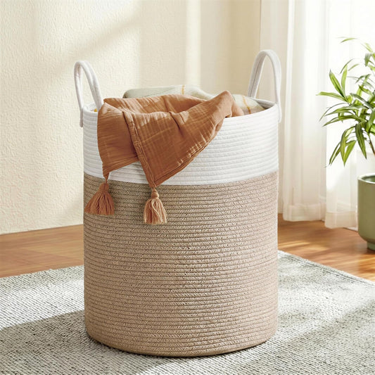 SONGMICS Laundry Hamper, Cotton Rope Laundry Basket with Handles, for Children, Toys, Clothing, Living Room, Bedroom, 21.1 Gallons, 15.7 x 15.7 x 23.6 Inches, White and Grayish Brown URLH062LZ01