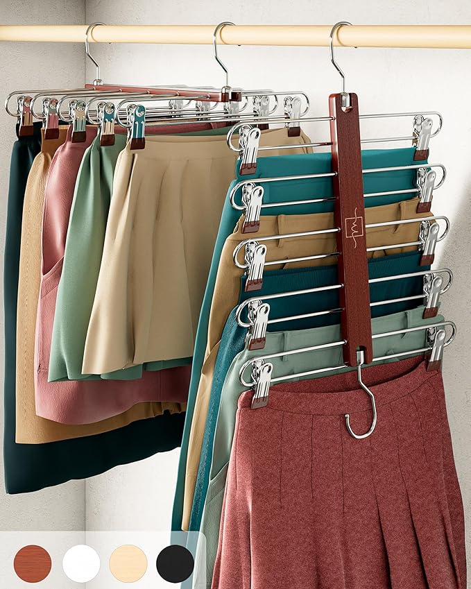 MORALVE Skirt Hangers Space Saving with Clips - 2 Pack - European Beechwood 5-Tier Hanger for Shorts, Skirts, and Pants - Closet Organizer and Storage Solution for Women with 360Â° Swivel Hook