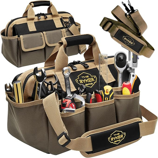 The Ryker Heavy Duty Tool Bags for Men/Women. 14 Inch Small Wide Mouth Mechanic/plumber/Contractor/Electrician Tool Bag Organizer 22Pockets Soft Portable Tools Bags Organizer Toolbag for plumbing