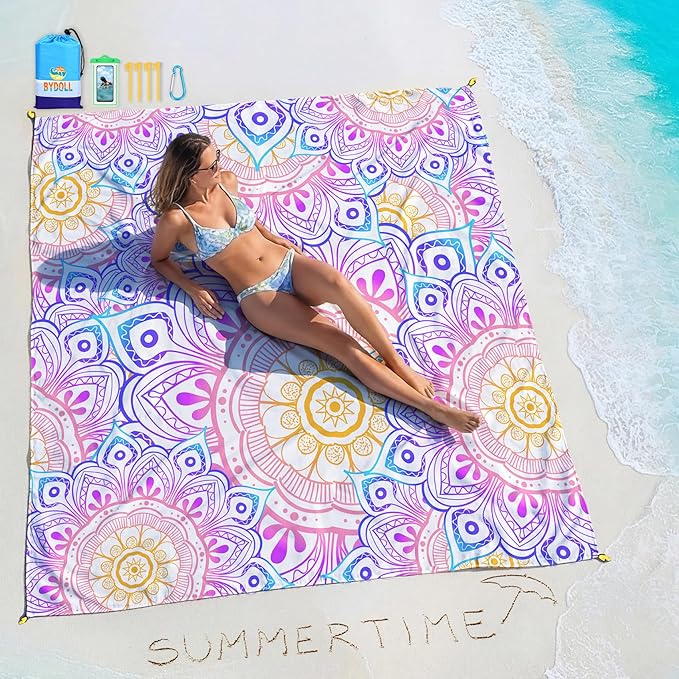 BYDOLL Beach Blanket Waterproof Sandproof 78''×110'' Suits1-7 Adults Compact Lightweight Oversized Sand-Free Blanket Large Picnic Mat for Beach Travel Camping Hiking
