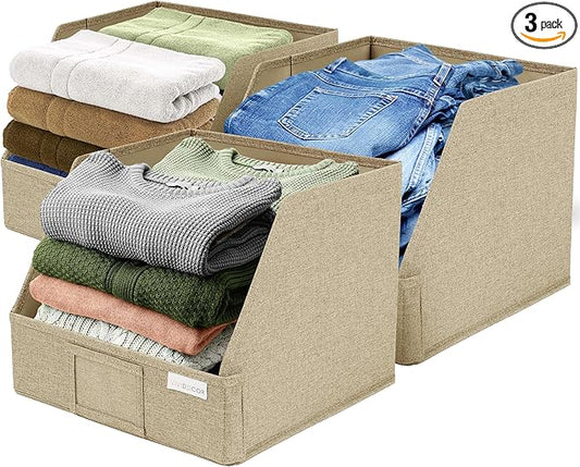 Storage Cubes â 12x12x10 Fabric Baskets for Organizing, Storage Baskets for Shelves, Front Opening Fabric Bins, Closet Organizer Bins for Clothes, Towels, Sweaters, Linen â Brown, 3 Pack