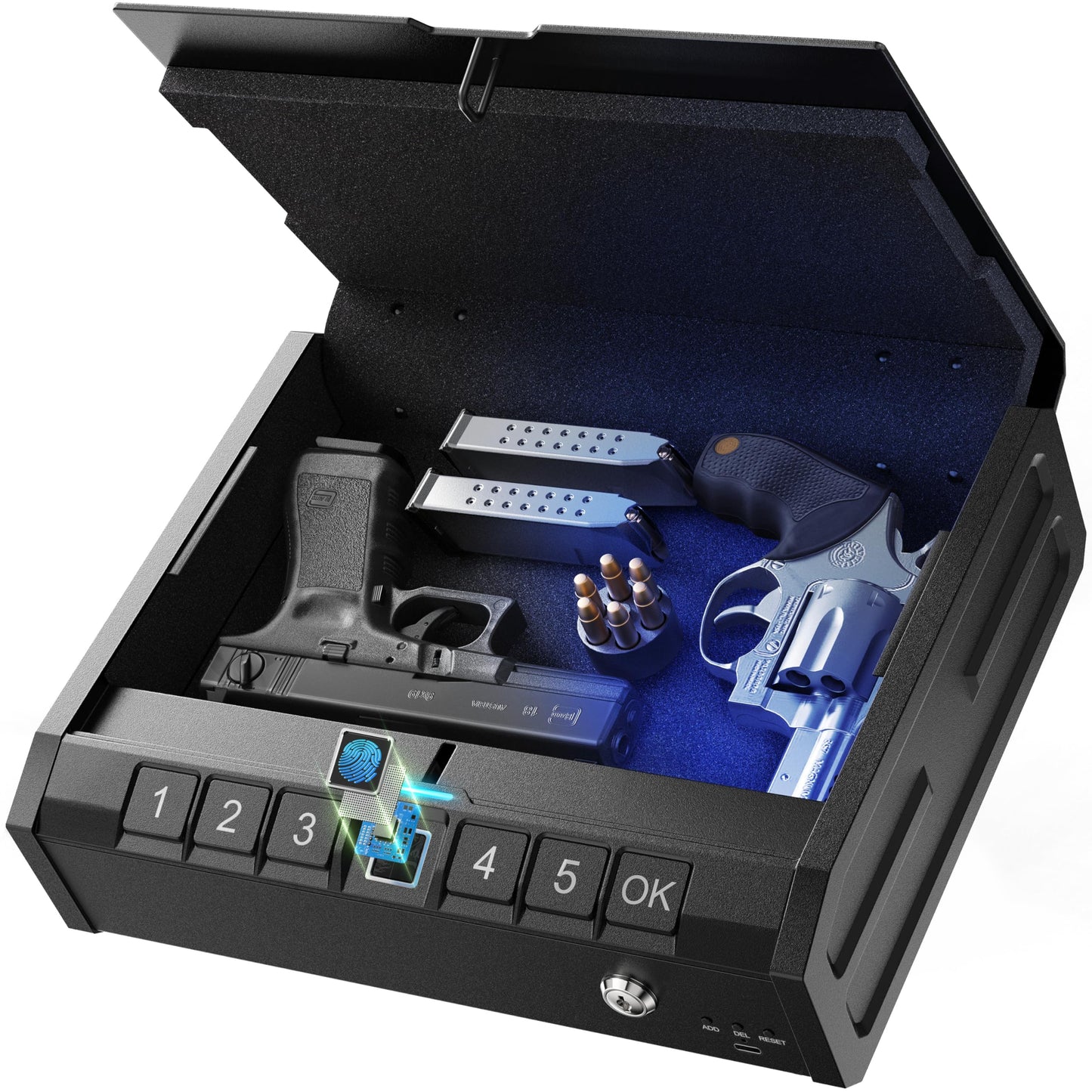 ONNAIS Iron PRO Biometric Fingerprint Gun Safe for Handgun, Swift Entry Gun Lock Box Featuring with Interior Light and Emergency Power Supply, Pistol Safes for Home, Nightstand, Bedside, and Car, Gift