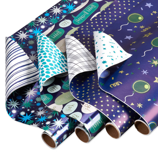 American Greetings 160 sq. ft. Reversible Wrapping Paper Bundle for Birthdays, Baby Showers and All Occasions, Balloons, Blue Polka Dots and Plaid (4 Rolls, 30 in. x 16 ft.)