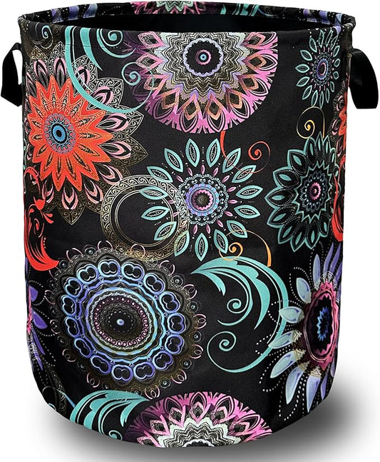 Mandalas Flowers Laundry Basket With Handles Oxford Cloth Tote Bag Colorful Laundry Hamper 18.9"x16.5" Foldable Clothes Storage Bucket Toy Organizer For Bathroom/Laundry/Bedroom