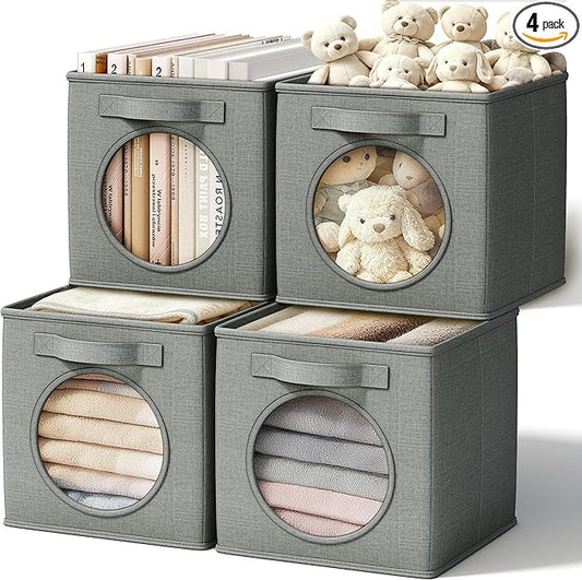 Vailando Foldable Fabric Storage Cube with Round Window - 4 Pack 11"x11"x11" Collapsible Closet Organizer Bins for Clothes, Shelves, Offices, Toys & Misc, Light Gray (Dark Gray, 4pcs-Cube 11")