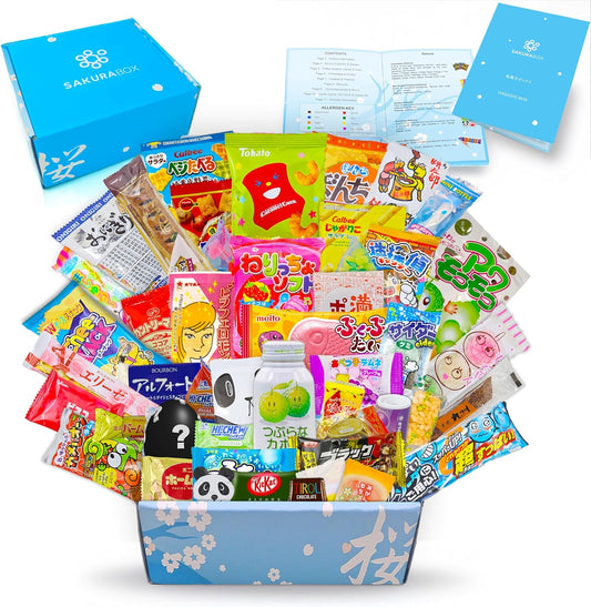 Sakura Box Japanese Candy & Snacks Dagashi Set & Pamphlet 50 Pieces Japanese Food Gift Box