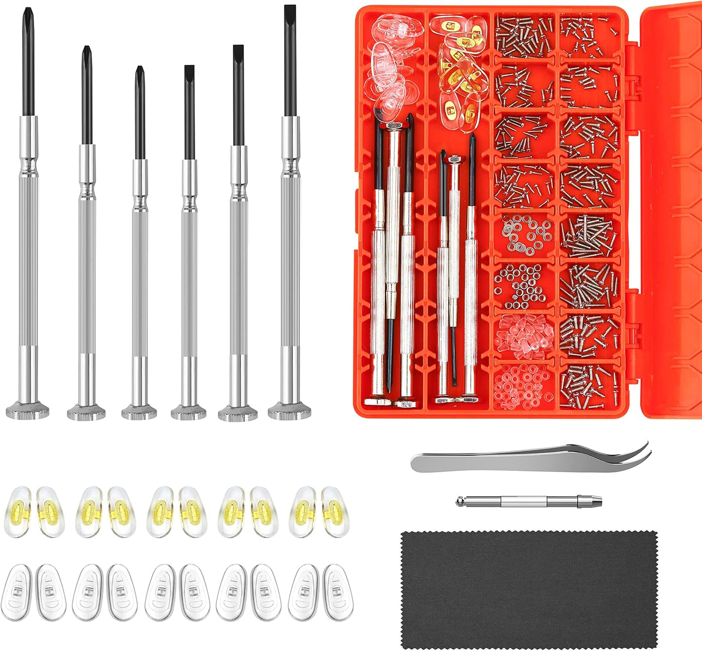 Magnetic Eye Glass Repairing Kit, Sunglasses Eyeglass Repair Kit with Eyeglass Screws，Include 10 Pairs of Screw-in Nose Pads, Screws, Screwdrivers, Tweezer and Cleaning Cloth for Glasses