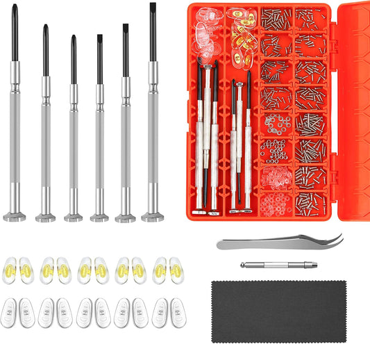 Magnetic Eye Glass Repairing Kit, Sunglasses Eyeglass Repair Kit with Eyeglass Screws，Include 10 Pairs of Screw-in Nose Pads, Screws, Screwdrivers, Tweezer and Cleaning Cloth for Glasses
