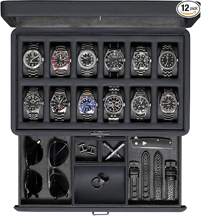 ROTHWELL Luxury Watch Box for 12 Watches â PU Leather Watch Box with Real Glass Lid â Slide out Accessory Drawer with Multiple Compartments (Carbon)