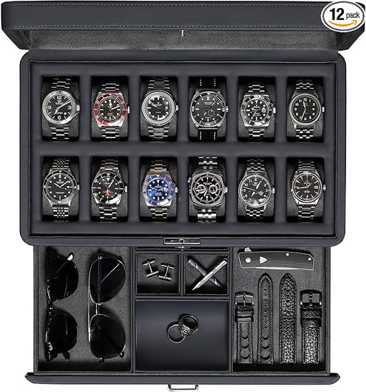 ROTHWELL Luxury Watch Box for 12 Watches â PU Leather Watch Box with Real Glass Lid â Slide out Accessory Drawer with Multiple Compartments (Carbon)
