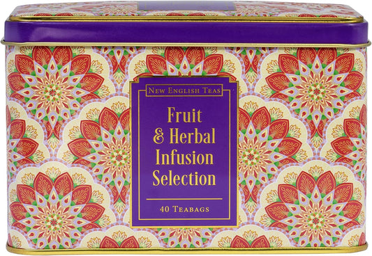 New English Teas Fruit & Herbal Tea Selection Gift Set – 40 Individually Wrapped Caffeine-Free Tea Bags in Decorative Floral Tin – Variety Pack including Peppermint, Berry, & Camomile