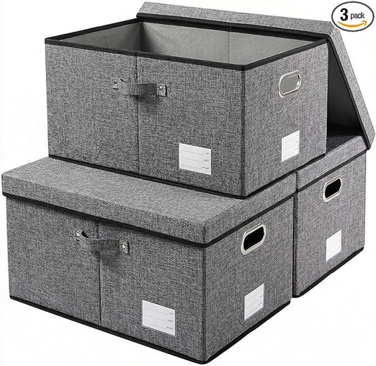 PRANDOM Storage Bins with Lids [3-Pack] Linen Fabric Foldable Storage Boxes Organizer Containers Baskets Cube with Cover for Bedroom Closet Office Grey(23.4X15.9X11.4)