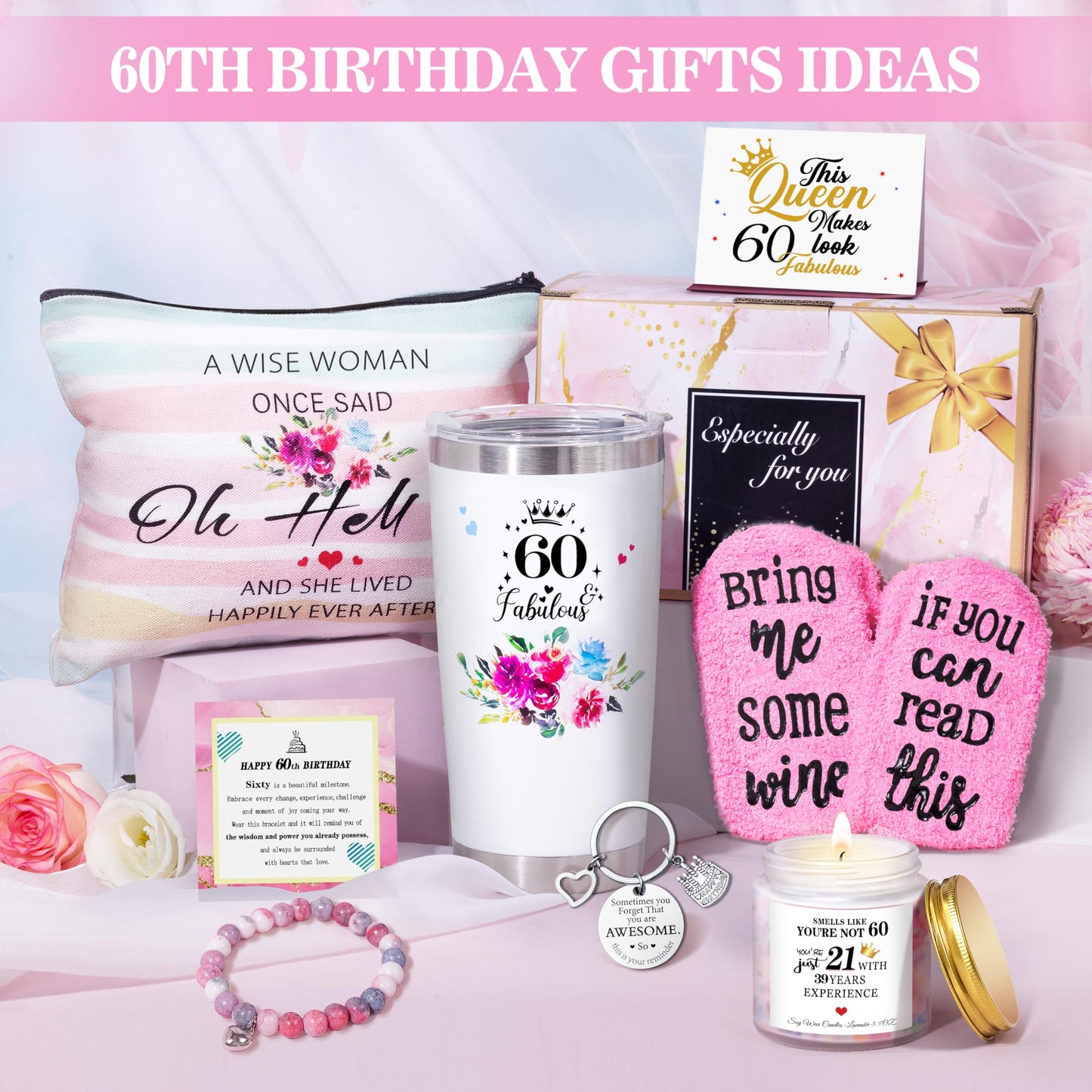 ShinnyWis 60th Birthday Gifts for Women,Happy 60th Birthday Gifts for Her Friends Mom Wife Sister Coworker,Tumblers Gifts Set for 60 Year Old Women,Funny 60 Birthday Gifts Ideas