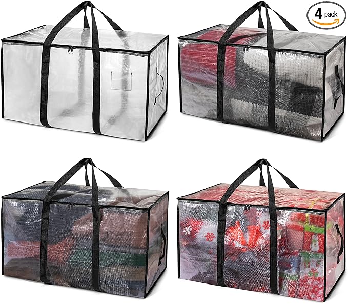 ClearSpace Heavy Duty Moving Bags or Storage Bags â Clear Storage Bins with Lids, Large Moving Boxes with Backpack Straps & Zippers â Packing Bags & Moving Supplies for College Dorm- 4 Pack