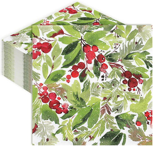 Christmas Paper Napkin 6.5 x 6.5 Inch Watercolor Mistletoe Dinner Napkin Disposable Luncheon Napkin for Xmas Home Party Decoration Supplies, 80Pcs