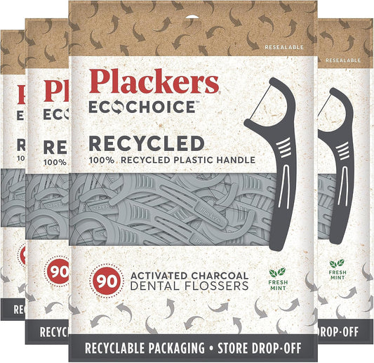 Plackers Ecochoice Activated Charcoal Recycled Dental Flossers, 90 Count (Pack of 4)