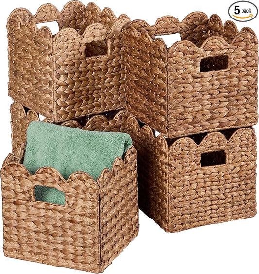 Best Choice Products 10.5x10.5in Scalloped Hyacinth Baskets, Set Of 5 Multipurpose Collapsible Storage Organizer, Handwoven Laundry Totes for Bedroom, Living Room, Shelves â Chestnut