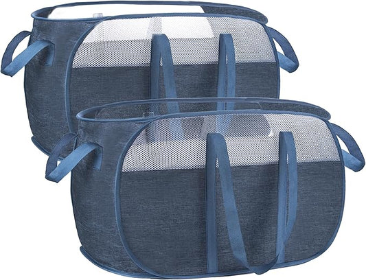 pop-up laundry basketï¼with Durable Handles collapsible Mesh laundry Hamper,Easy to Open and Fold,Premium Cationic Fabricâ¦ (Cationic blue+blue)