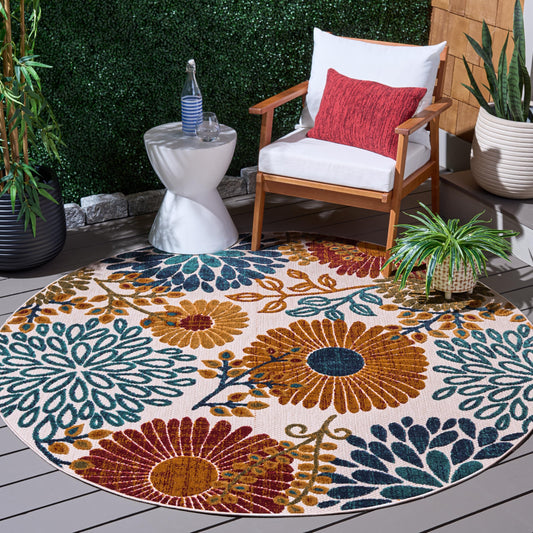 SAFAVIEH Washable Rug Outdoor Cabana Collection - 6'7" Round, Cream & Red, Non-Shedding & Easy to Clean, Ideal for Patio, Backyard, Mudroom (CBN832A)