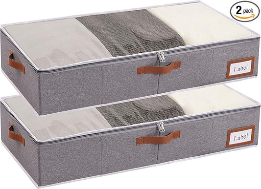 Yawinhe Under Bed Storage, 2 Pack Closet Organizers, Collapsible Container Bags, with Sorting Card Slot and 4 Leather Handles, for Blanket, Bedding, 23.6''Lx11.8''Wx6''H, Grey