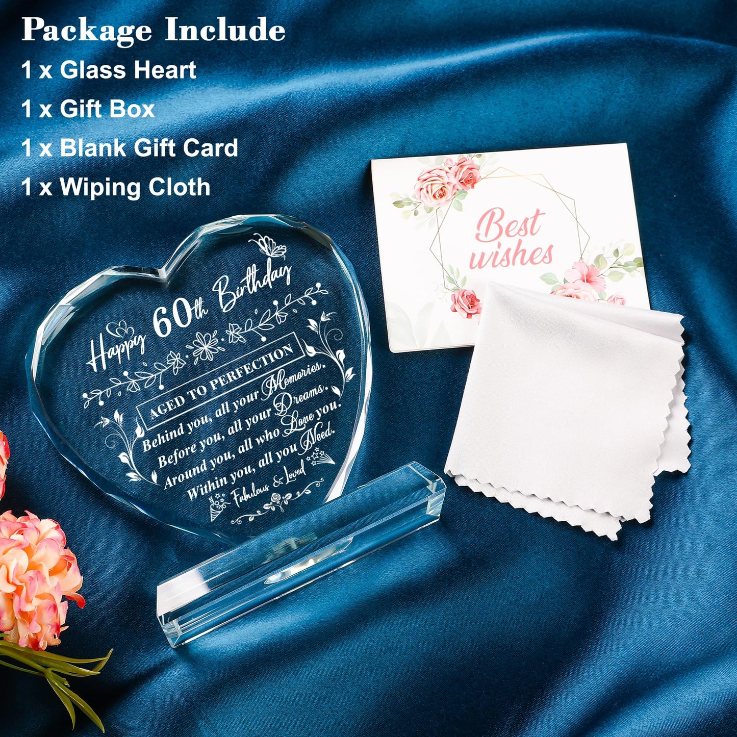 QIANRUNA 60th Birthday Gifts for Women Men, Laser Crystal Heart 60th Birthday Decorations Ideas, Happy Birthday Gifts for 60 Year Old Men Women Husband Wife Mom Dad Friend