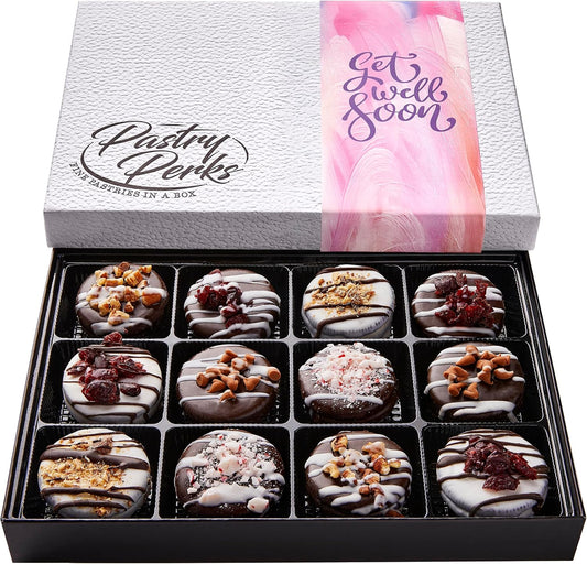 Pastry Perks Get Well Soon Gift Basket, 12 Gourmet Chocolate-Covered Cookies – Delicious Recovery Treats for Men, Women, and Grandma – Holiday Food Delivery Gift Ideas