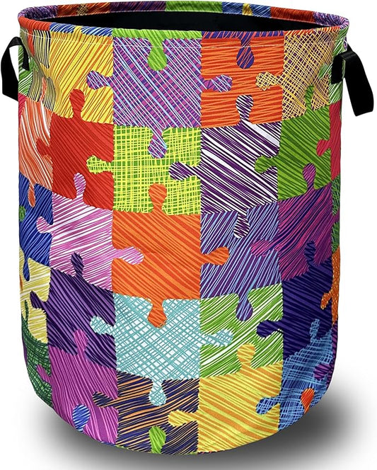 Colorful Autism Puzzles Laundry Basket With Handles Tote Bag Oxford Cloth Laundry Hamper 18.9" x 16.5 "Foldable Clothes Storage Bucket Toy Organizer For Bathroom/Laundry/Bedroom