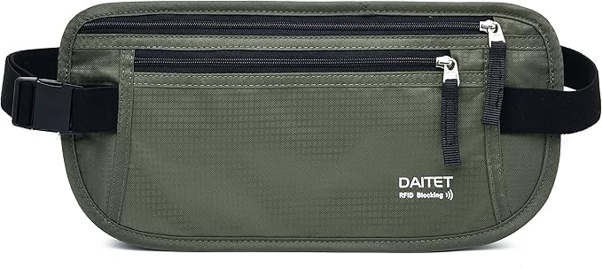 RFID Blocking Money Belt for Men Women, Slim Fanny Pack for Travelï¼Running,Conceal Waist Wallet for Passport Holder,Phone,Cash(Dark Olive Green)