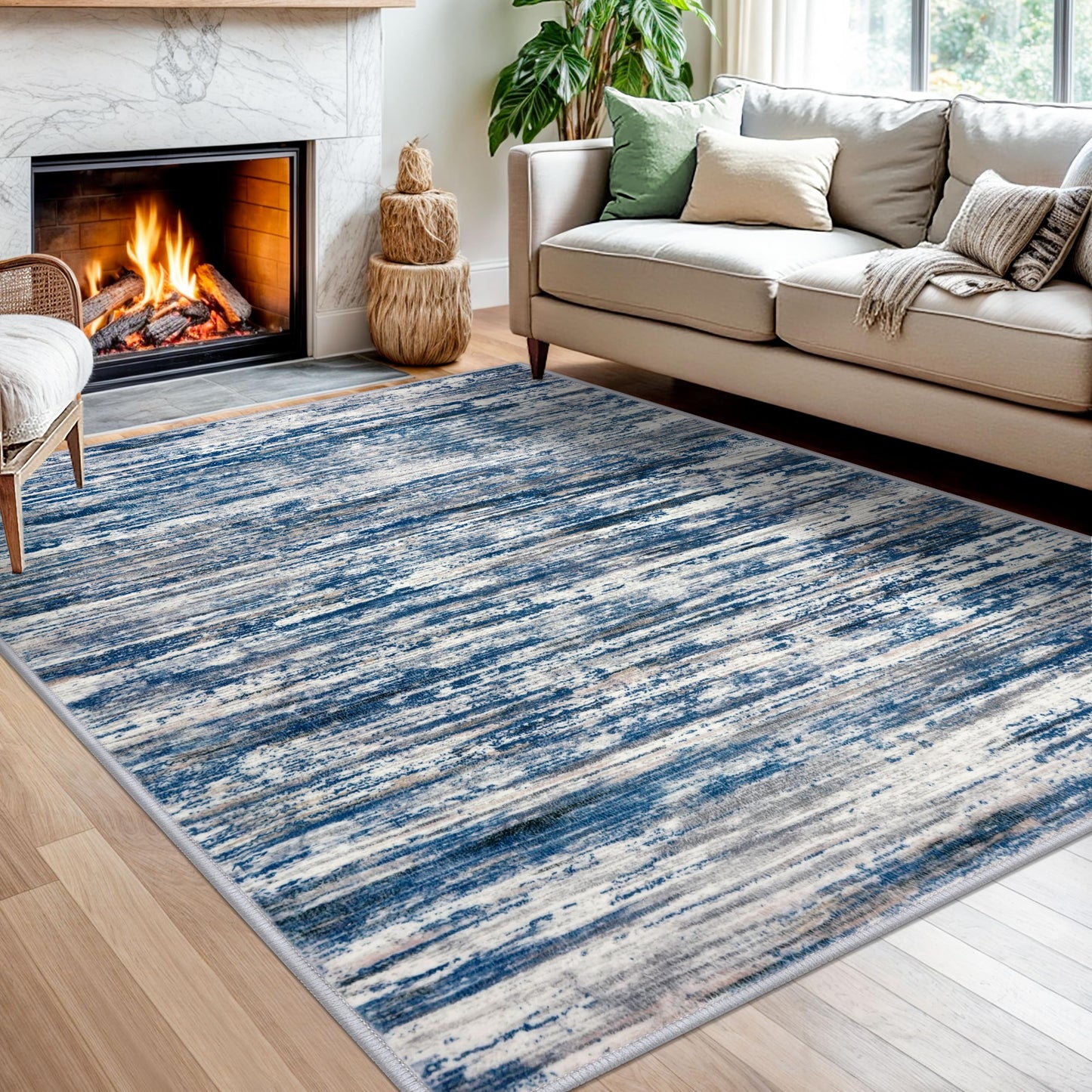 SIILOOM 5x7 Modern Abstract Area Rug for Bedroom, Navy Blue Gray Neutral Multi Large Super Soft Washable Rug with Slip-Resistant, Non-Shedding Rugs Indoor Door Mat for Home DÃ©cor