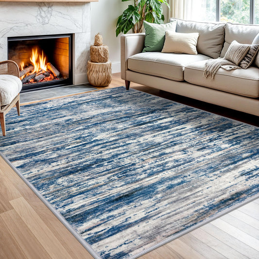 SIILOOM 5x7 Modern Abstract Area Rug for Bedroom, Navy Blue Gray Neutral Multi Large Super Soft Washable Rug with Slip-Resistant, Non-Shedding Rugs Indoor Door Mat for Home DÃ©cor
