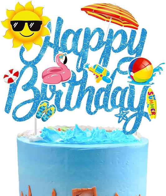Summer Beach Cake Topper Swimming Pool Birthday Cake Pick Hawaii Beach Happy Birthday Cake Decor Tropical Surfing Party Decorations for Summer Holiday Theme Baby Shower Supplies