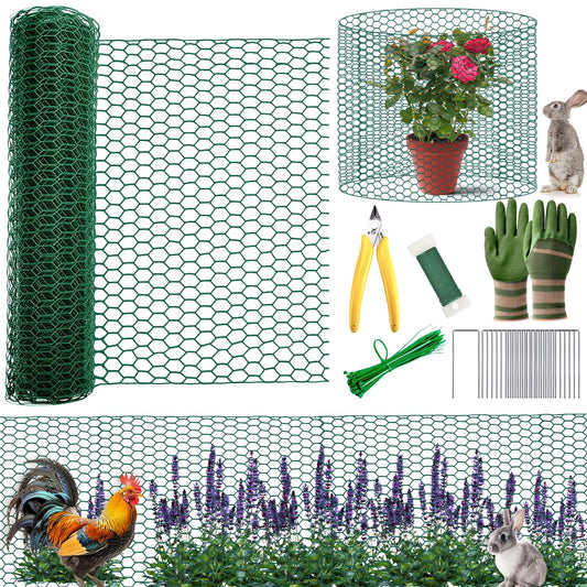 All-in-One 200 Inch Plant Protectors from Animals Kit - 0.85mm Heavy Duty Chicken Wire Cloche,Free-Cut Wire Mesh Roll Includes Pliers, Gloves, Ties, Stakes for Custom Outdoor Cages (16 * 200 Inch)