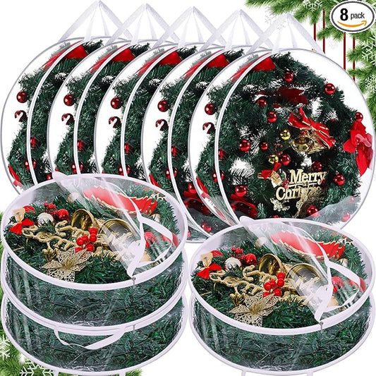 Shappy 8 Piece Clear Christmas Wreath Storage Container 24 Inches Xmas Wreath Storage Bag Plastic Christmas Garland Container with Dual Zippers and Reinforced Handles for Xmas Seasonal (Clear)