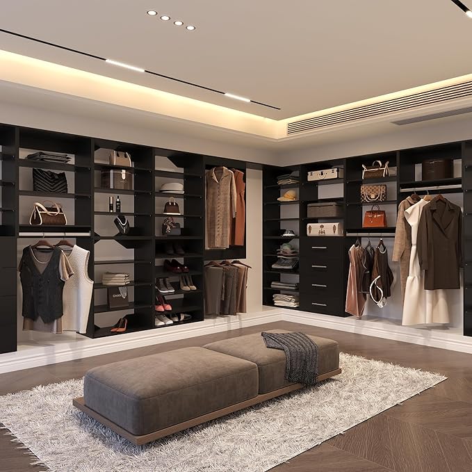 Double Hanging Closet Unit, Modular Closet System, Wood Closet System Organizer with Storage for Walk in Closets, Clothing Rack Wardrobe Closet for Hanging Clothes, Bedroom, Black, 25.5" W