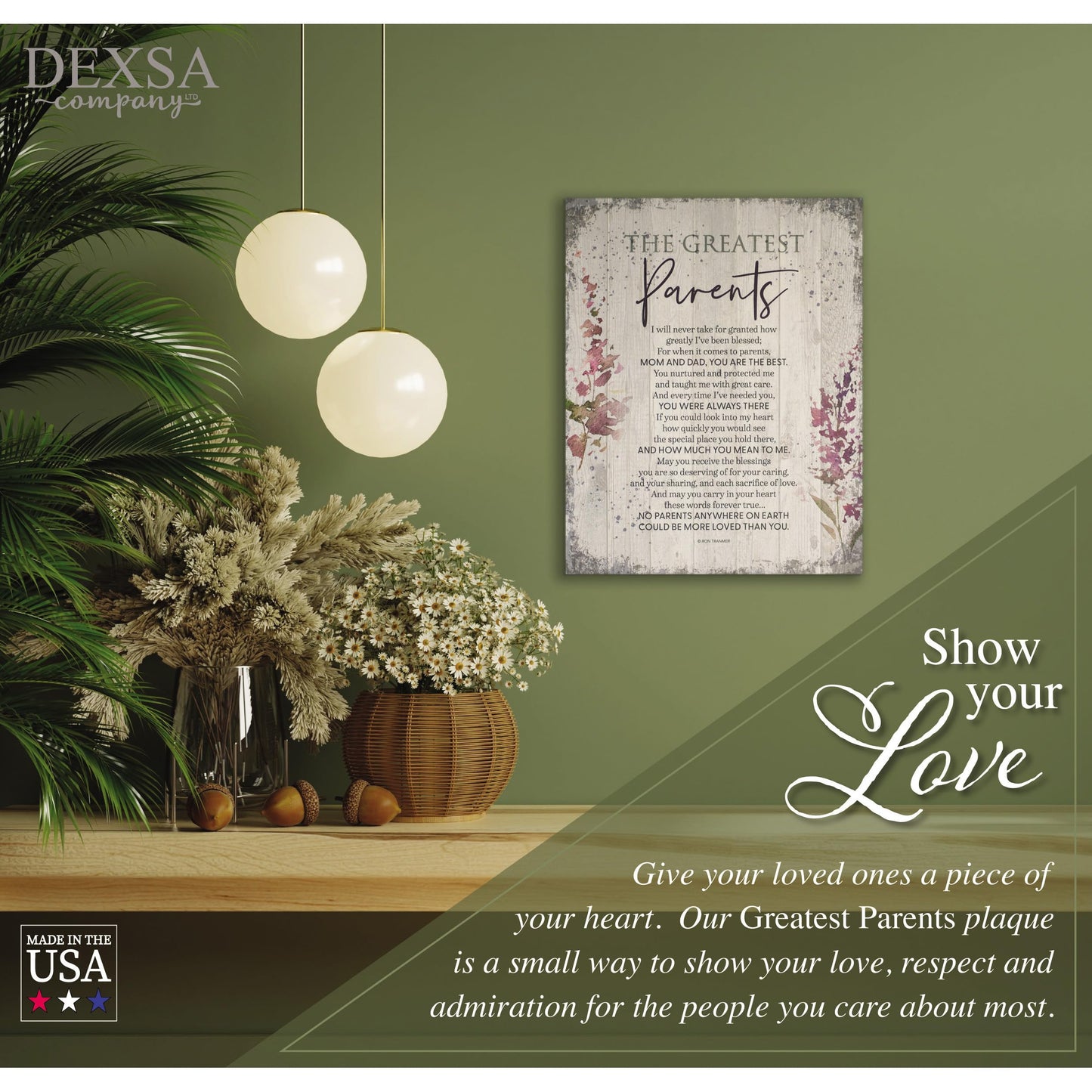 DEXSA Greatest Parents Wood Plaque - Made in the USA - 11.75 in x 15 in - Classy Vertical Frame Wall Hanging Decoration | Mom & Dad, you are the Best | Christian Family Religious Home Decor Saying