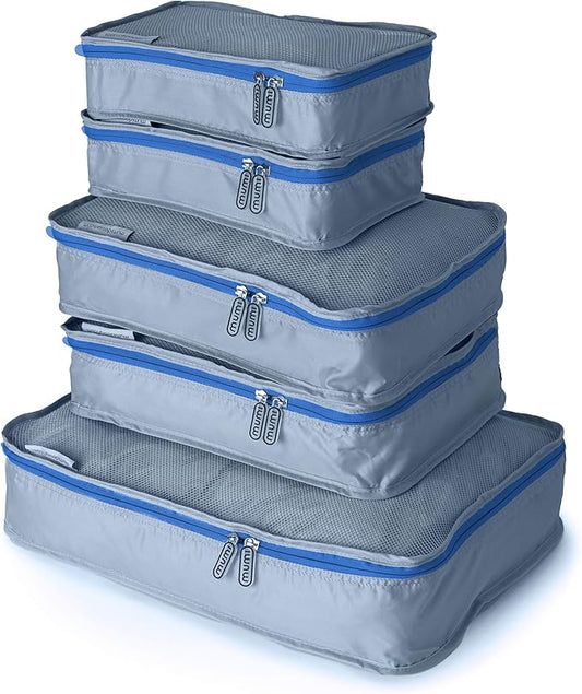 MUMI Packing Cubes - 5 Compression Packing Cubes for Travel, Luggage Organizer Bags for Suitcases, Carry-On, Duffle or Backpack â Mesh, Waterproof Bags for Clothes, Kids & Travel Accessories - Blue