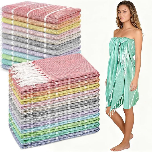 YSYJ Turkish Beach Towel Set of 24 Oversized Beach Towels 36 x 71 Inches Sand Free Turkish Bath Towels Quick Dry Pool Towels 12-Color Mix Pack