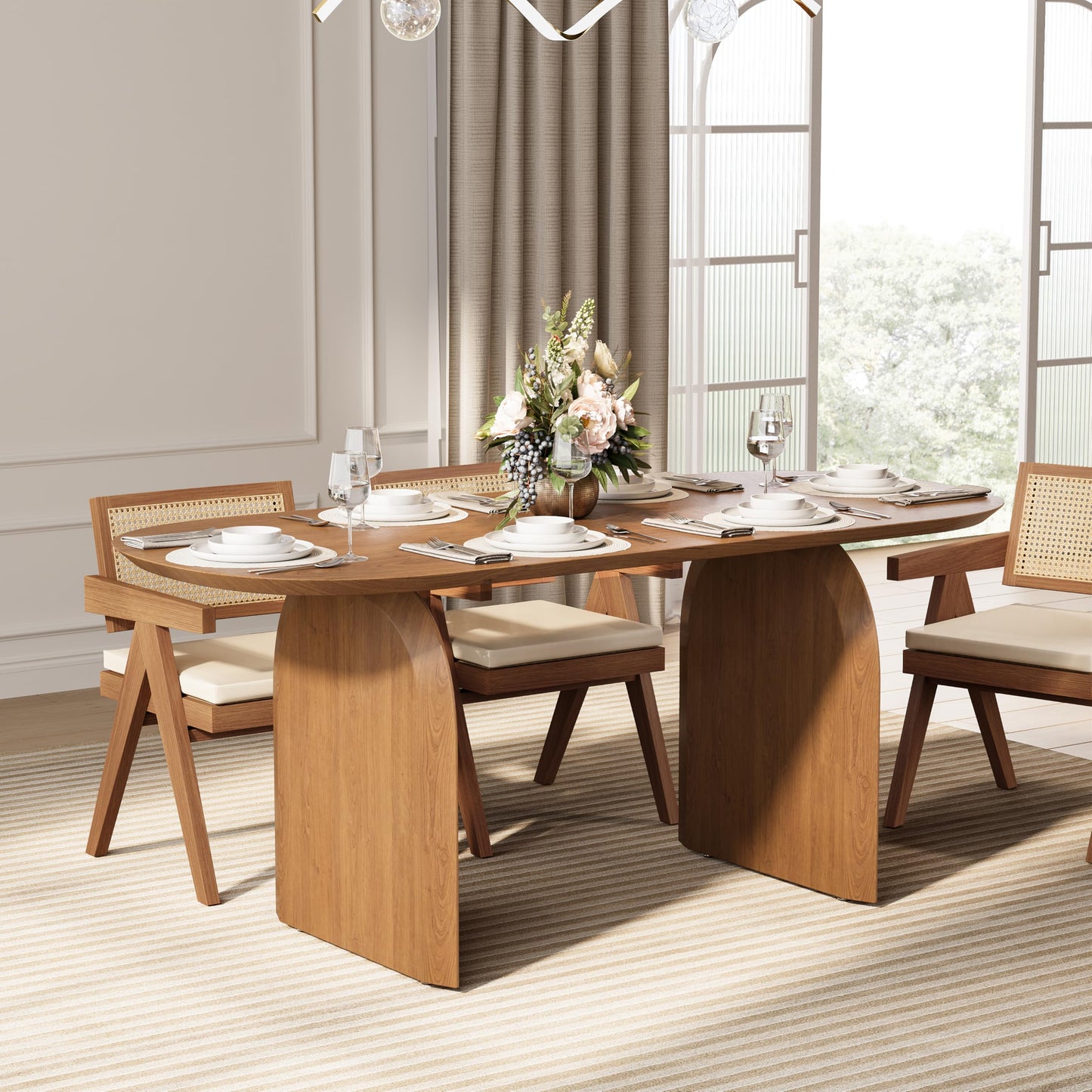 homary Japandi Oval Dining Table for 6, 70.9" Solid Pine Wood Kitchen Table, Modern Mid Century Minimalist Kitchen & Dining Room Table, Double Pedestal Base, Walnut