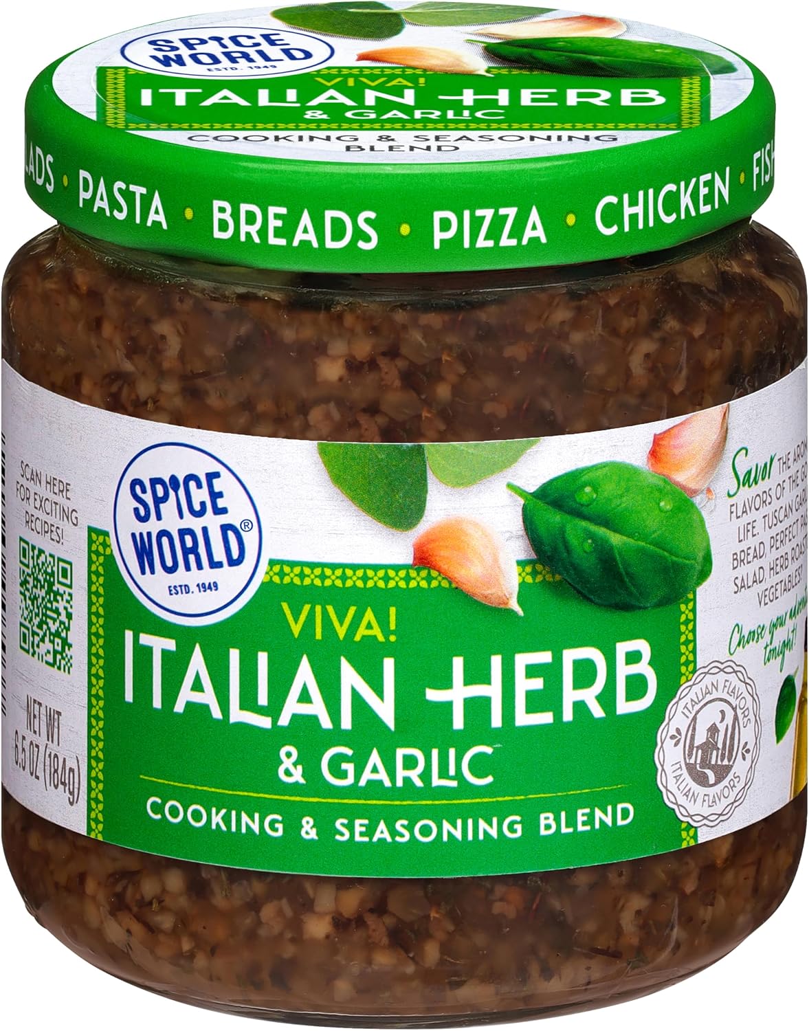 Spice World Garlic and Italian Herb Seasoning Blend – Ready-to-Use Seasonings for Cooking - 6.5oz Italian Seasoning Spice Adds Aromatic Flavor to Marinades, Pasta, Pizza, Dips, Veggies, & More